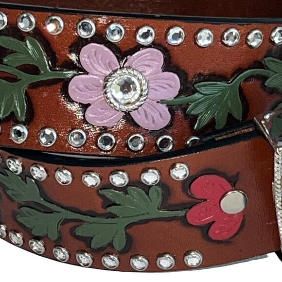 3-D Rhinestone Hand Tooled Hand Painted Leather Belt Bling Buckle Retro 38 main image 5
